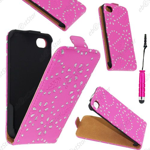 Ebeststar  Pour Apple Iphone 4s, 4 - Housse Coque Etui En Pu Cuir  Rabat Ultra Fine (Slim Case) Avec Strass + Mini Stylet, Couleur Rose