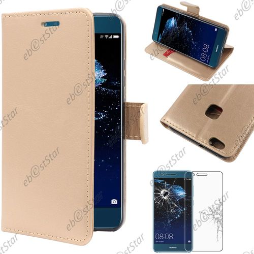 Ebeststar  Pour Huawei P10 Lite - Housse Coque Etui Portefeuille Support Folio Simi Cuir + Film Protection cran En Verre Tremp, Couleur Or / Dor [Note Importante Lire Description]