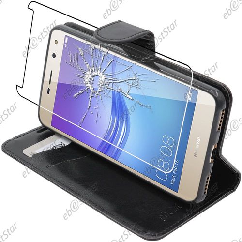 Ebeststar  Pour Huawei Y6 2017 - Housse Coque Etui Portefeuille Support Folio Simi Cuir + Film Protection cran En Verre Tremp, Couleur Noir [Dimensions De Votre Appareil : 143.8 X 72 X 8.4 Mm]