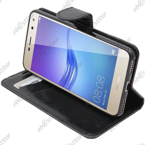 Ebeststar  Pour Huawei Y6 2017 - Housse Coque Etui Portefeuille Support Folio Simi Cuir, Couleur Noir [Dimensions Precises De Votre Appareil : 143.8 X 72 X 8.4 Mm, cran 5'']