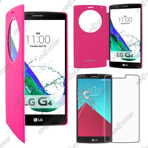Ebeststar  Pour Lg G4 H815, G4 Dual-Lte - Coque Etui Flip View Cover Housse Portefeuille Grande Fentre + 1 Verre Tremp, Couleur Rose
