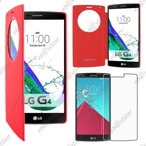Ebeststar  Pour Lg G4 H815, G4 Dual-Lte - Coque Etui Flip View Cover Housse Portefeuille Grande Fentre + 1 Verre Tremp, Couleur Rouge