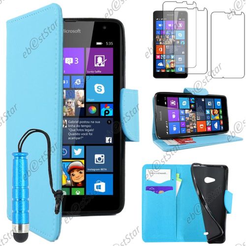 Ebeststar  Pour Microsoft Nokia Lumia 535 - Housse Coque Etui Portefeuille Support Folio Simi Cuir + Mini Stylet + 3 Film cran, Couleur Bleu [Dimensions Precises De Votre Appareil : 140.2 X 72.4 X 8.8 Mm, cran 5'']