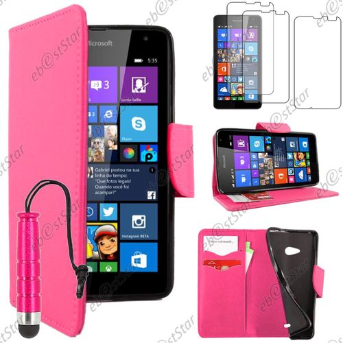 Ebeststar  Pour Microsoft Nokia Lumia 535 - Housse Coque Etui Portefeuille Support Folio Simi Cuir + Mini Stylet + 3 Film cran, Couleur Rose [Dimensions Precises De Votre Appareil : 140.2 X 72.4 X 8.8 Mm, cran 5'']