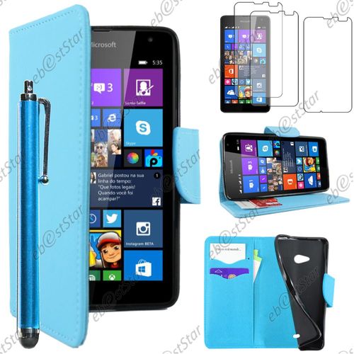 Ebeststar  Pour Microsoft Nokia Lumia 535 - Housse Coque Etui Portefeuille Support Folio Simi Cuir + Stylet + 3 Film cran, Couleur Bleu [Dimensions Precises De Votre Appareil : 140.2 X 72.4 X 8.8 Mm, cran 5'']