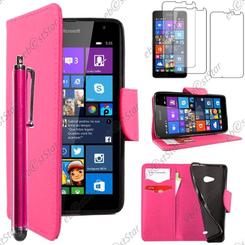 Ebeststar  Pour Microsoft Nokia Lumia 535 - Housse Coque Etui Portefeuille Support Folio Simi Cuir + Stylet + 3 Film cran, Couleur Rose [Dimensions Precises De Votre Appareil : 140.2 X 72.4 X 8.8 Mm, cran 5'']