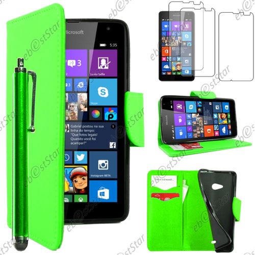 Ebeststar  Pour Microsoft Nokia Lumia 535 - Housse Coque Etui Portefeuille Support Folio Simi Cuir + Stylet + 3 Film cran, Couleur Vert [Dimensions Precises De Votre Appareil : 140.2 X 72.4 X 8.8 Mm, cran 5'']