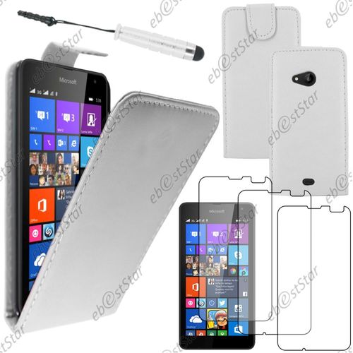 Ebeststar  Pour Microsoft Nokia Lumia 535 - Housse Coque Etui Simili Cuir  Rabat Vertical + Mini Stylet + 3 Film cran, Couleur Blanc [Dimensions Precises De Votre Appareil : 140.2 X 72.4 X 8.8 Mm, cran 5'']