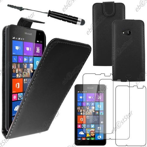 Ebeststar  Pour Microsoft Nokia Lumia 535 - Housse Coque Etui Simili Cuir  Rabat Vertical + Mini Stylet + 3 Film cran, Couleur Noir [Dimensions Precises De Votre Appareil : 140.2 X 72.4 X 8.8 Mm, cran 5'']