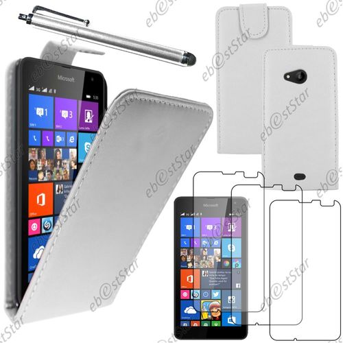 Ebeststar  Pour Microsoft Nokia Lumia 535 - Housse Coque Etui Simili Cuir  Rabat Vertical + Stylet + 3 Film cran, Couleur Blanc [Dimensions Precises De Votre Appareil : 140.2 X 72.4 X 8.8 Mm, cran 5'']