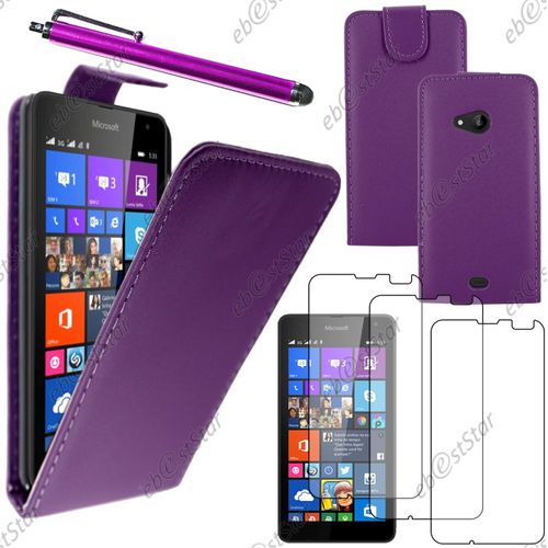 Ebeststar  Pour Microsoft Nokia Lumia 535 - Housse Coque Etui Simili Cuir  Rabat Vertical + Stylet + 3 Film cran, Couleur Violet [Dimensions Precises De Votre Appareil : 140.2 X 72.4 X 8.8 Mm, cran 5'']
