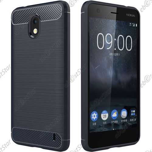 Ebeststar  Pour Nokia Nokia 2 - Coque Motif Fibre Carbone Luxe 2 Barres Horizontales Etui Housse Silicone Gel Coussins D'air, Couleur Bleu Fonc [Dimensions Precises De Votre Appareil : 143.5 X 71.3 X 9.3 Mm]