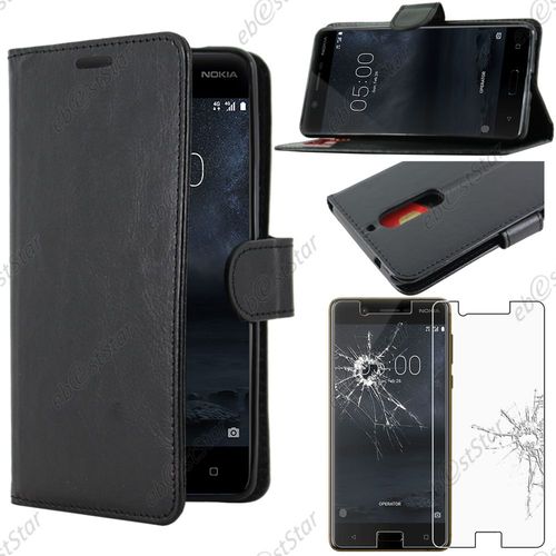 Ebeststar  Pour Nokia Nokia 5 - Housse Coque Etui Portefeuille Support Folio Simi Cuir + Film Protection cran En Verre Tremp, Couleur Noir [Dimensions Precises De Votre Appareil : 149.7 X 72.5 X 8 Mm, cran 5.2''][Note Importante Lire Description]