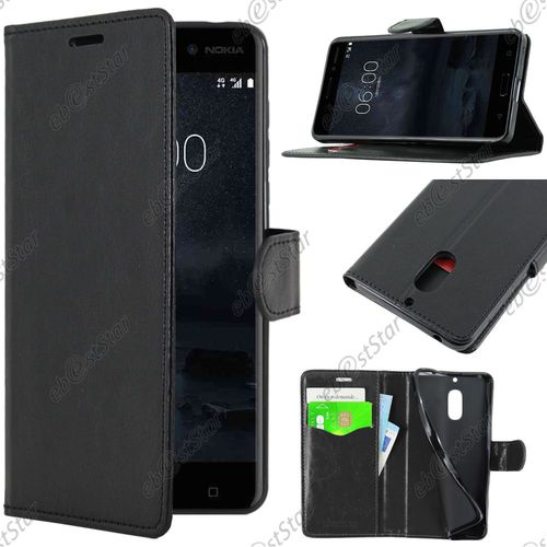 Ebeststar  Pour Nokia Nokia 6 - Housse Coque Etui Portefeuille Support Folio Simi Cuir, Couleur Noir [Dimensions Precises De Votre Appareil : 154 X 75.8 X 7.9 Mm, cran 5.5'']