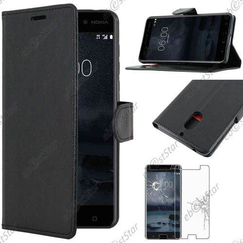 Ebeststar  Pour Nokia Nokia 6 - Housse Coque Etui Portefeuille Support Folio Simi Cuir + Film Protection cran Verre Tremp, Couleur Noir [Dimensions Precises De Votre Appareil : 154 X 75.8 X 7.9 Mm, cran 5.5''] [Note Importante Lire Description]