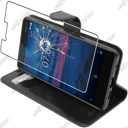 Ebeststar  Pour Nokia Nokia 7 - Housse Coque Etui Pochette Portefeuille Support Folio Simi Cuir + Film Protection cran En Verre Tremp, Couleur Noir [Dimensions Precises De Votre Appareil : 141.2 X 71.5 X 7.9 Mm, cran 5.2'']