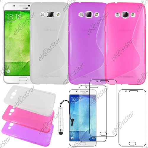 Ebeststar  Pour Samsung Galaxy A8 Sm-A800f - Lot X3 Housse Etui Coque Silicone Motif S-Line Protection Souple + Mini Stylet + 3 Film cran, Couleur Transparent, Violet, Rose [Dimensions Precises De Votre Appareil : 158 X 76.8 X 5.9 Mm, cran 5.7'']