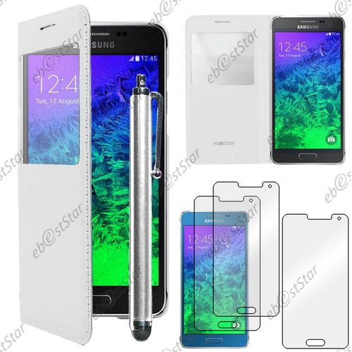 Ebeststar  Pour Samsung Galaxy Alpha Sm-G850f - Housse Coque Etui Style View Portefeuille + Stylet + 3 Film cran, Couleur Blanc [Dimensions Precises De Votre Appareil : 132.4 X 65.5 X 6.7 Mm, cran 4.7'']