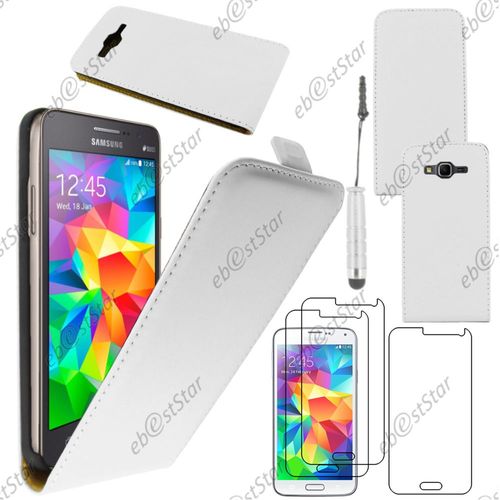 Ebeststar  Pour Samsung Galaxy Grand Prime Sm-G530f Value Edition Sm-G531f - Housse Coque Etui En Pu Cuir  Rabat Ultra Fine (Slim Case) + Mini Stylet + 3 Film cran, Couleur Blanc [Dimensions De Votre Appareil : 144.8 X 72.1 X 8.6 Mm, cran 5'']