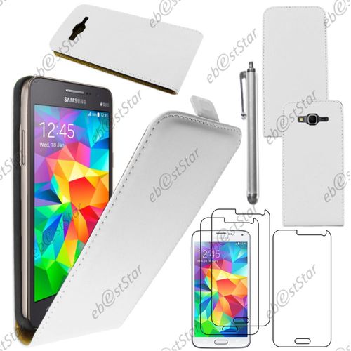 Ebeststar  Pour Samsung Galaxy Grand Prime Sm-G530f, Value Edition Sm-G531f - Housse Coque Etui En Pu Cuir  Rabat Ultra Fine + Stylet + 3 Film cran, Couleur Blanc [Dimensions Precises De Votre Appareil : 144.8 X 72.1 X 8.6 Mm, cran 5'']
