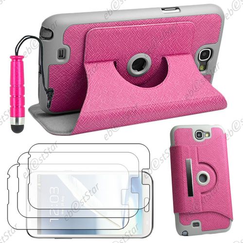 Ebeststar  Pour Samsung Galaxy Note 2 N7100 - Housse Coque Etui Pu Cuir Rotatif Avec Support  Rotation 360 + Mini Stylet + 3 Film cran, Couleur Rose [Dimensions Precises De Votre Appareil : 151.1 X 80.5 X 9.4 Mm, cran 5.5'']