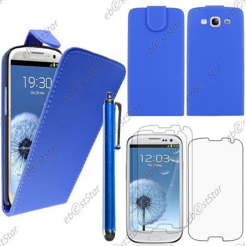 Ebeststar  Pour Samsung Galaxy S3 I9300 I9305 - Housse Coque Etui Simili Cuir  Rabat Vertical + Stylet + 3 Film cran, Couleur Bleu [Dimensions Precises De Votre Appareil : 136.6 X 70.8 X 8.6 Mm, cran 4.8'']