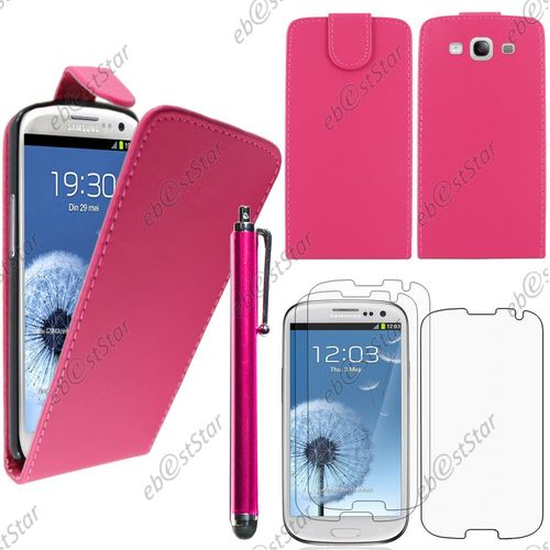 Ebeststar  Pour Samsung Galaxy S3 I9300 I9305 - Housse Coque Etui Simili Cuir  Rabat Vertical + Stylet + 3 Film cran, Couleur Rose [Dimensions Precises De Votre Appareil : 136.6 X 70.8 X 8.6 Mm, cran 4.8'']