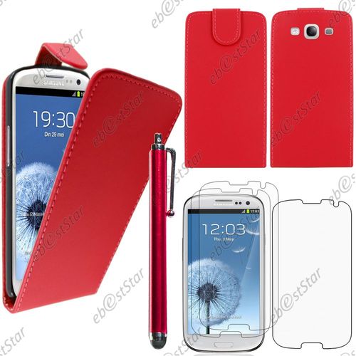 Ebeststar  Pour Samsung Galaxy S3 I9300 I9305 - Housse Coque Etui Simili Cuir  Rabat Vertical + Stylet + 3 Film cran, Couleur Rouge [Dimensions Precises De Votre Appareil : 136.6 X 70.8 X 8.6 Mm, cran 4.8'']