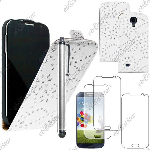 Ebeststar  Pour Samsung Galaxy S4 I9500 I9505 - Housse Coque Etui En Pu Cuir  Rabat Ultra Fine (Slim Case) Avec Strass + Stylet + 3 Film cran, Couleur Blanc [Dimensions Precises De Votre Appareil : 136.6 X 69.8 X 7.9 Mm, cran 5'']