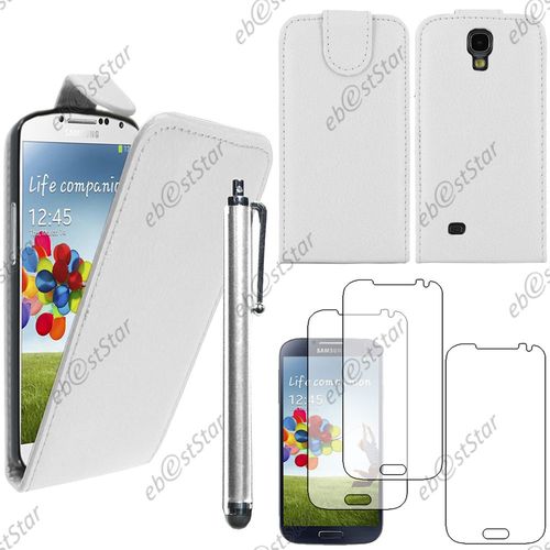 Ebeststar  Pour Samsung Galaxy S4 I9500 I9505 - Housse Coque Etui Simili Cuir  Rabat Vertical + Stylet + 3 Film cran, Couleur Blanc [Dimensions Precises De Votre Appareil : 136.6 X 69.8 X 7.9 Mm, cran 5'']