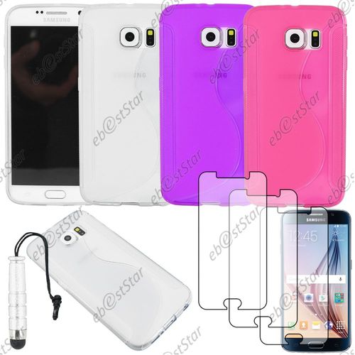 Ebeststar  Pour Samsung Galaxy S6 Sm-G920f, G920 - Lot X3 Housse Etui Coque Silicone Motif S-Line Protection Souple + Mini Stylet + 3 Film cran, Transparent, Violet, Rose [Dimensions Precises De Votre Appareil : 143.4 X 70.5 X 6.8 Mm, cran 5.1'']