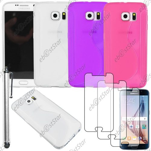 Ebeststar  Pour Samsung Galaxy S6 Sm-G920f, G920 - Lot X3 Housse Etui Coque Silicone Motif S-Line Protection Souple + Stylet + 3 Film cran, Transparent, Violet, Rose [Dimensions Precises De Votre Appareil : 143.4 X 70.5 X 6.8 Mm, cran 5.1'']