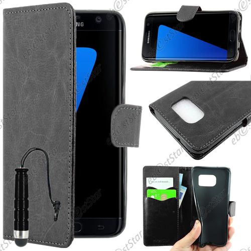 Ebeststar  Pour Samsung Galaxy S7 Edge Sm-G935f G935 - Housse Coque Etui Portefeuille Support Folio Simi Cuir + Mini Stylet, Couleur Noir