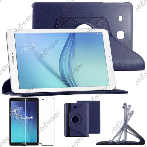 Ebeststar  Pour Samsung Galaxy Tab E 9.6 T560, T561 - Housse Coque Etui Pu Cuir Rotatif Avec Support  Rotation 360 + Verre, Couleur Bleu Fonc [Dimensions Precises De Votre Appareil : 241.9 X 149.5 X 8.5 Mm, cran 9.6'']