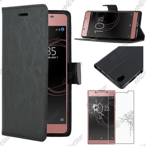 Ebeststar  Pour Sony Xperia L1, L1 Dual - Housse Coque Etui Portefeuille Support Folio Simi Cuir + Film Protection cran En Verre Tremp, Couleur Noir [Dimensions Precises De Votre Appareil : 151 X 74 X 8.7 Mm, cran 5.5'']