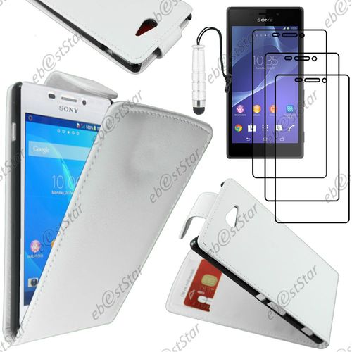 Ebeststar  Pour Sony Xperia M2 D2302 D2303 - Housse Coque Etui Simili Cuir  Rabat Vertical + Mini Stylet + 3 Film cran, Couleur Blanc [Dimensions Precises De Votre Appareil : 139.7 X 71.1 X 8.6 Mm, cran 4.8'']