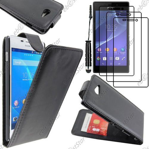 Ebeststar  Pour Sony Xperia M2 D2302 D2303 - Housse Coque Etui Simili Cuir  Rabat Vertical + Mini Stylet + 3 Film cran, Couleur Noir [Dimensions Precises De Votre Appareil : 139.7 X 71.1 X 8.6 Mm, cran 4.8'']