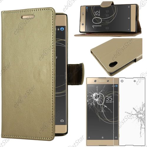 Ebeststar  Pour Sony Xperia Xa1 Ultra (2017) - Housse Etui Portefeuille Simi Cuir + Film Protection cran En Verre Tremp, Couleur Or / Dor [Dimensions Precises De Votre Appareil : 165 X 79 X 8.1 Mm, cran 6''] [Note Importante Lire Description]
