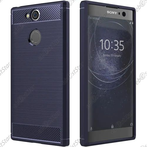 Ebeststar  Pour Sony Xperia Xa2, Xa2 Dual (2018) - Coque Motif Fibre Carbone Luxe 2 Barres Horizontales Etui Housse Silicone Gel Coussins D'air, Couleur Bleu Fonc [Dimensions Precises De Votre Appareil : 142 X 70 X 9.7 Mm, cran 5.2'']
