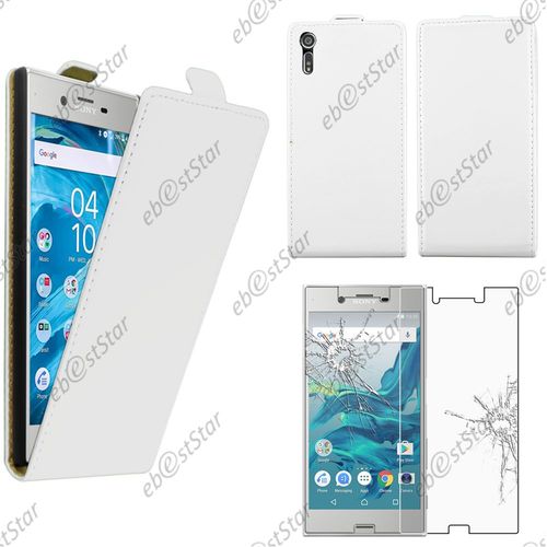 Ebeststar  Pour Sony Xperia Xz, Xz Dual - Housse Coque Etui Pu Cuir Rabat (Slim Case) + Film Protection cran Verre Tremp, Couleur Blanc [Dimensions Precises De Votre Appareil : 146 X 72 X 8.1 Mm, cran 5.2''] [Note Importante Lire Description]