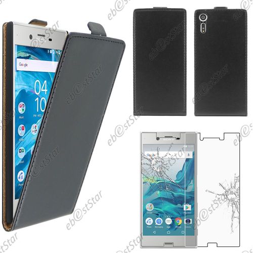 Ebeststar  Pour Sony Xperia Xz, Xz Dual - Housse Coque Etui Pu Cuir Rabat (Slim Case) + Film Protection cran Verre Tremp, Couleur Noir [Dimensions Precises De Votre Appareil : 146 X 72 X 8.1 Mm, cran 5.2''] [Note Importante Lire Description]
