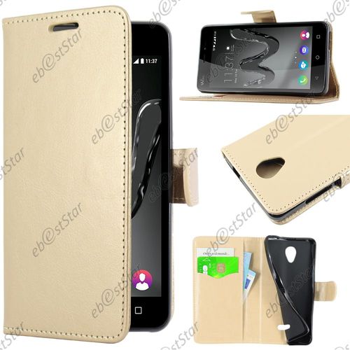 Ebeststar  Pour Wiko Freddy - Housse Coque Etui Portefeuille Support Folio Simi Cuir, Couleur Or / Dor [Dimensions Precises De Votre Appareil : 143 X 71,8 X 10,6 Mm, cran 5'']
