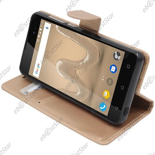 Ebeststar  Pour Wiko Sunny 2 Plus - Housse Coque Etui Portefeuille Support Folio Simi Cuir, Couleur Jaune / Dore [Dimensions Precises De Votre Appareil : 146.3 X 73.7 X 9.8 Mm]