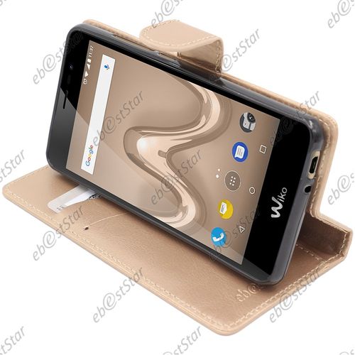 Ebeststar  Pour Wiko Tommy 2 - Housse Coque Etui Portefeuille Support Folio Simi Cuir, Couleur Or / Dor [Dimensions Precises De Votre Appareil : 145 X 72.7 X 9.19 Mm, cran 5'']