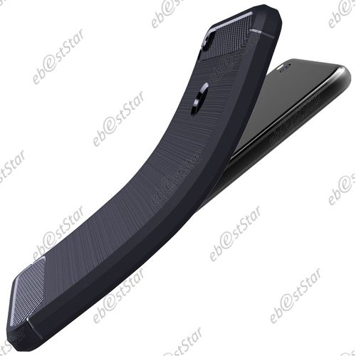 Ebeststar  Verre Tremp + Coque Etui Housse Silicone Motif Fibre Carbone 2 Barres Horizontales Pour Huawei P8 Lite (2017), Couleur Bleu Fonc [Dimensions Precises De Votre Appareil : 147.2 X 72.9 X 7.6 Mm, cran 5.2'']