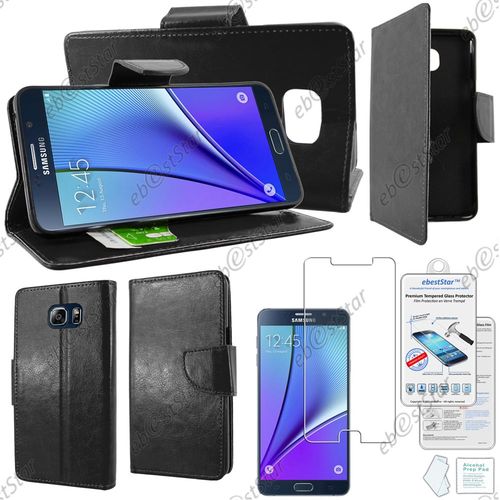 Ebeststar  Verre Tremp + Housse Coque Etui Portefeuille Support Folio Simi Cuir Pour Samsung Galaxy Note5 Sm-N920f Note 5, Couleur Noir