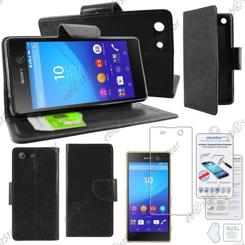 Ebeststar  Verre Tremp + Housse Coque Etui Portefeuille Support Folio Simi Cuir Pour Sony Xperia M5, M5 Dual, Couleur Noir
