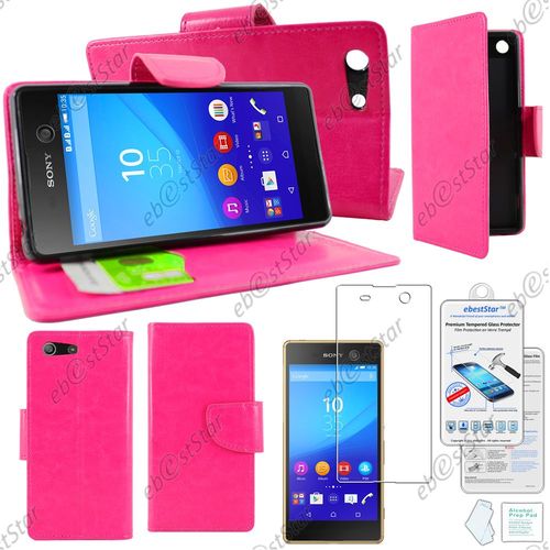 Ebeststar  Verre Tremp + Housse Coque Etui Portefeuille Support Folio Simi Cuir Pour Sony Xperia M5, M5 Dual, Couleur Rose
