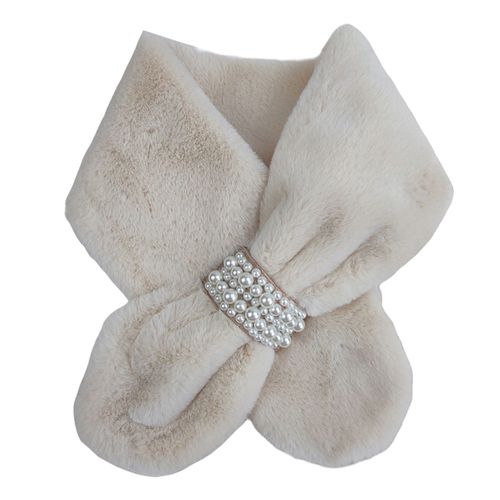 charpe Croise En Fausse Perle Avec Boucle En Fausse Fourrure De Lapin Peluche Douce Rsistante Au Froid Couleur Unie Automne Hiver Pour Femme Cache-Cou Pour L'extrieur-Kaki
