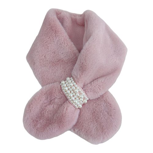 charpe Croise En Fausse Perle Avec Boucle En Fausse Fourrure De Lapin Peluche Douce Rsistante Au Froid Couleur Unie Automne Hiver Pour Femme Cache-Cou Pour L'extrieur-Rose